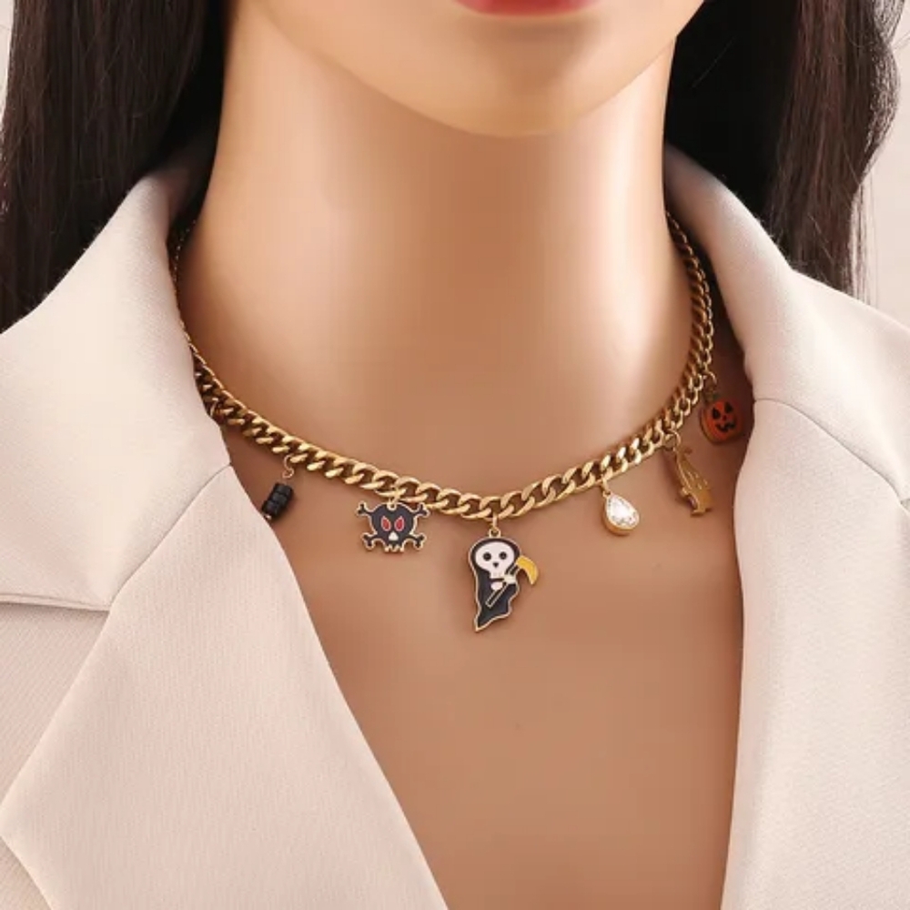 Spooky Chic 18K Gold Plated Halloween Charm Necklace With Ghost, Pumpkin & Skull - Picture 3 of 10